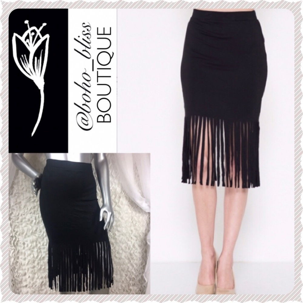 Stretchy Black Fringe Midi Slip Skirt NWT